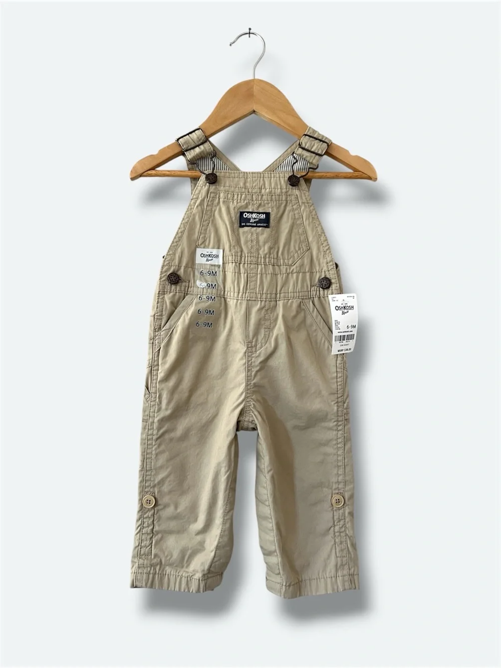 OshKosh B’gosh Baby Overalls 6-9M Khaki Cotton Cargo Convertible Adjustable